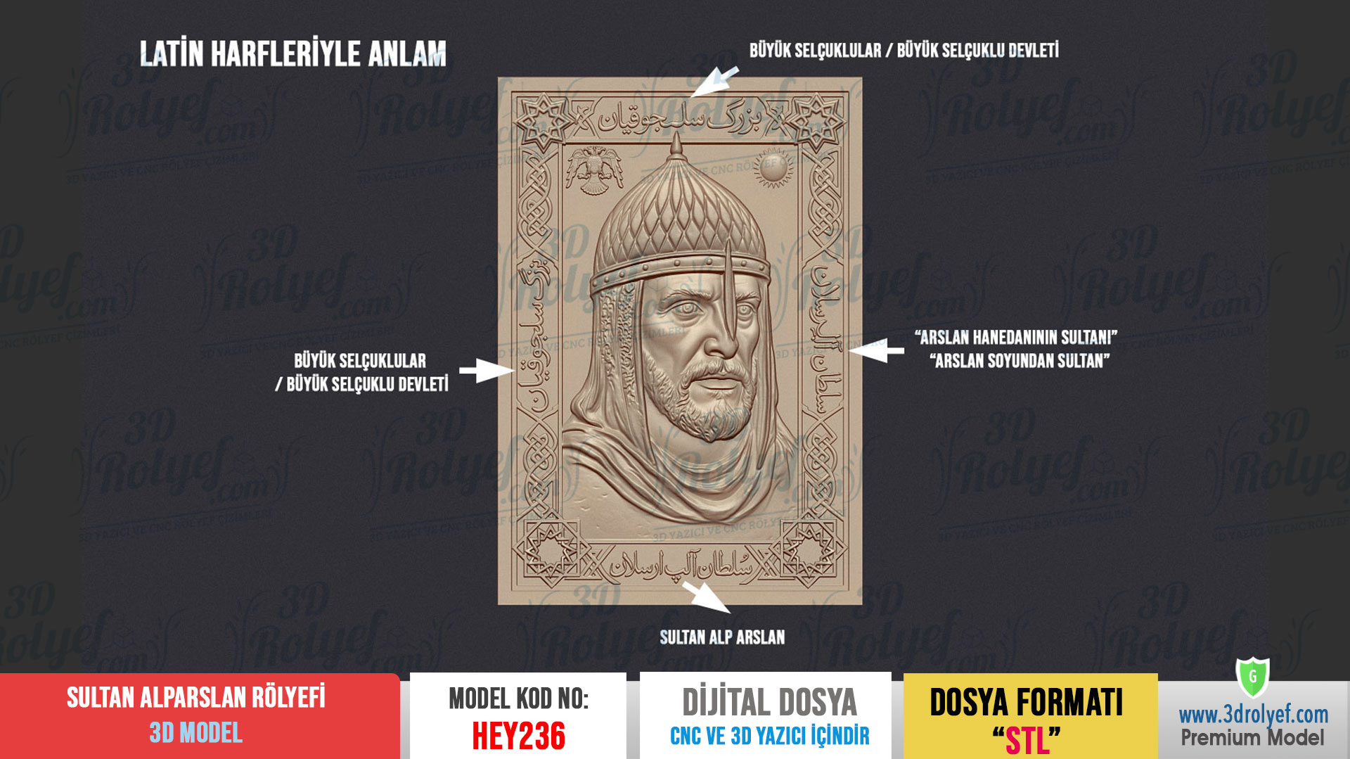HEY236 | Sultan Alp Arslan Rölyefi 3D Model – Cnc ve 3D Yazıcı için Hazır Model - Görsel 4