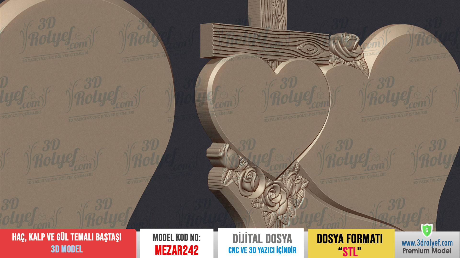 Mez242 - Haç, Kalp ve Gül Temalı Mezar Baştaşı 3D Modeli | Cnc Mezar Modelleri - Görsel 4