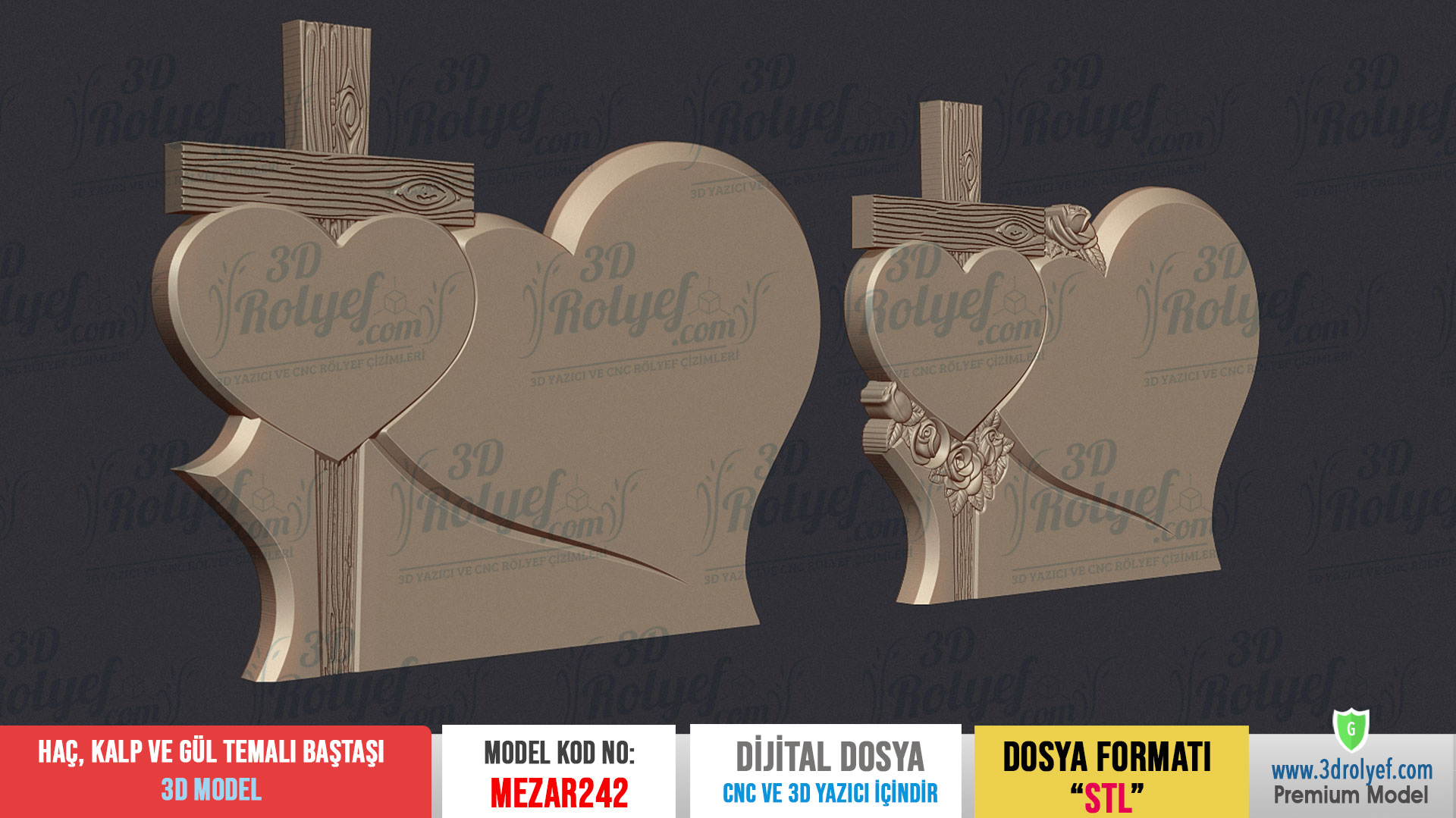 Mez242 - Haç, Kalp ve Gül Temalı Mezar Baştaşı 3D Modeli | Cnc Mezar Modelleri - Görsel 3