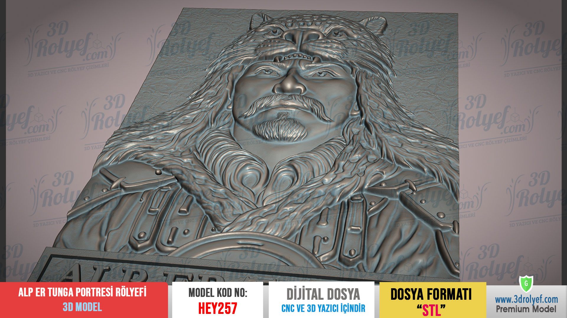 HEY257 | Alp Er Tunga Portresi Rölyefi 3D Model – Cnc ve 3D Yazıcı için Hazır Model - Görsel 3