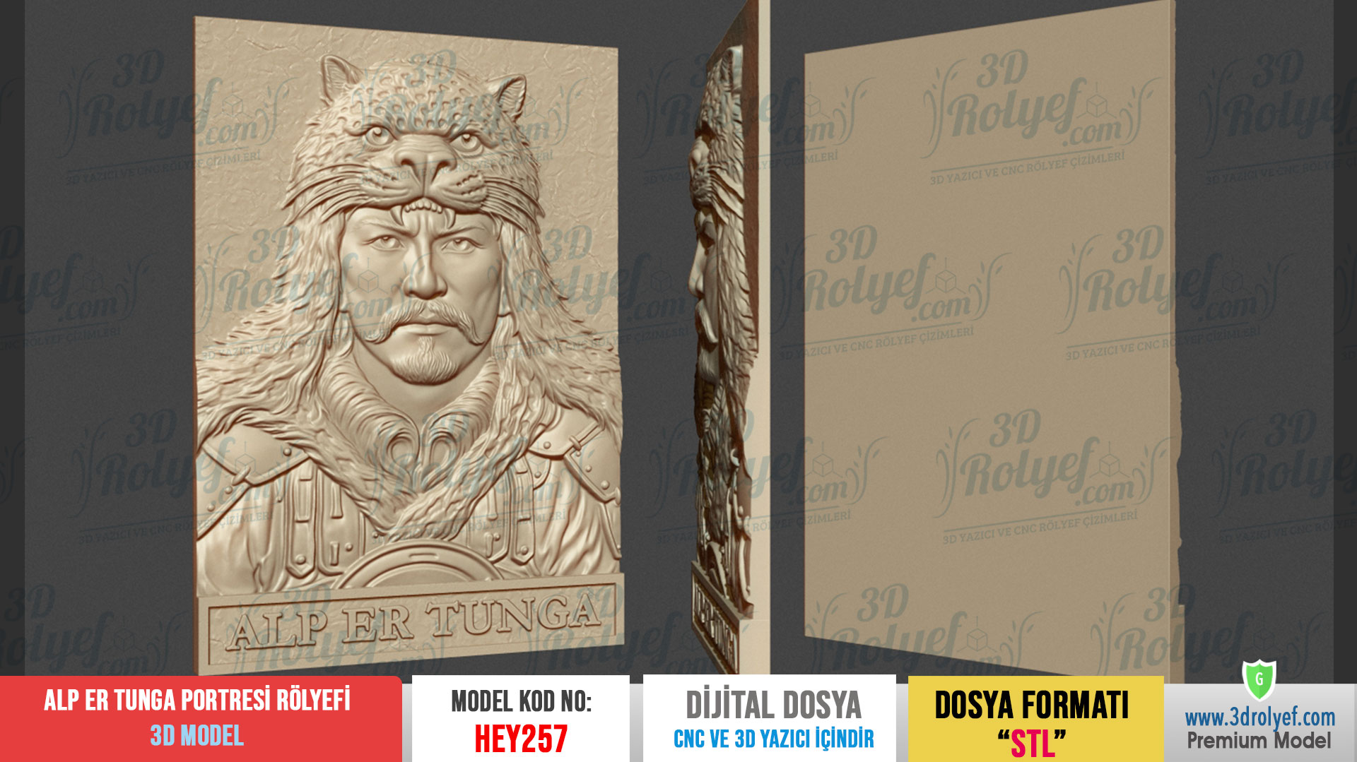 HEY257 | Alp Er Tunga Portresi Rölyefi 3D Model – Cnc ve 3D Yazıcı için Hazır Model - Görsel 2