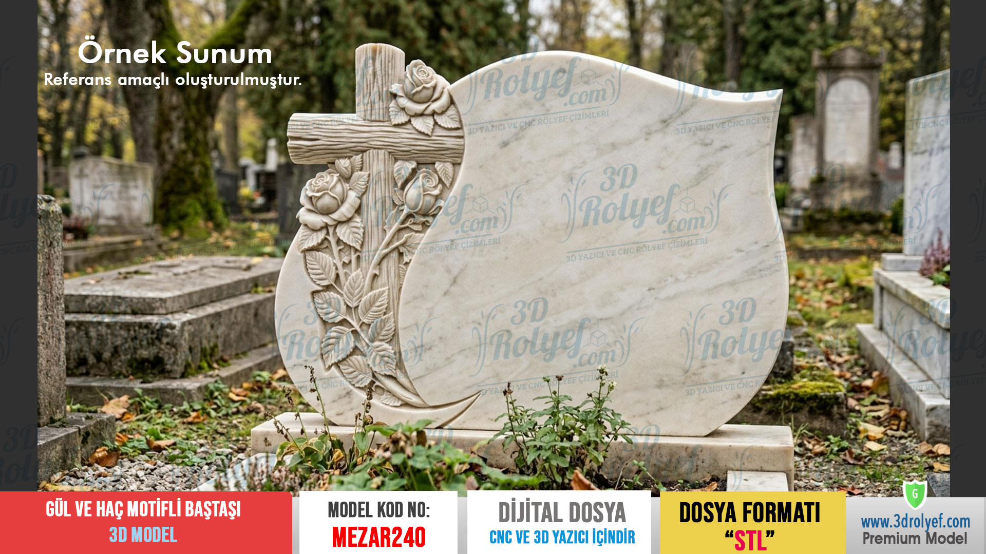Mez240 - Gül ve Haç Temalı Mezar Baştaşı 3D Modeli | Cnc Mezar Modelleri
