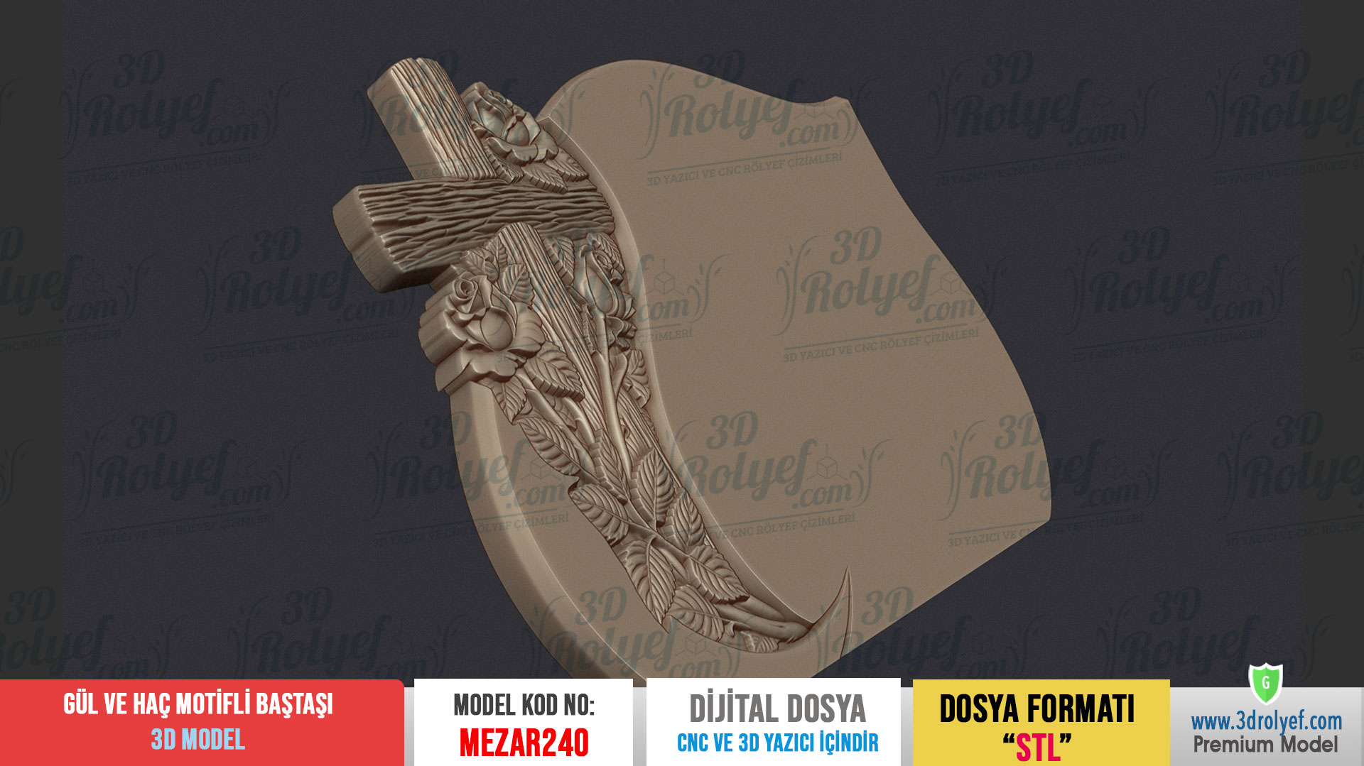 Mez240 - Gül ve Haç Temalı Mezar Baştaşı 3D Modeli | Cnc Mezar Modelleri - Görsel 4