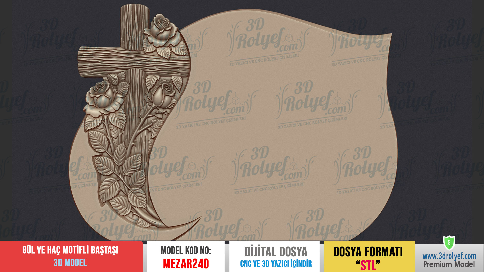 Mez240 - Gül ve Haç Temalı Mezar Baştaşı 3D Modeli | Cnc Mezar Modelleri - Görsel 2