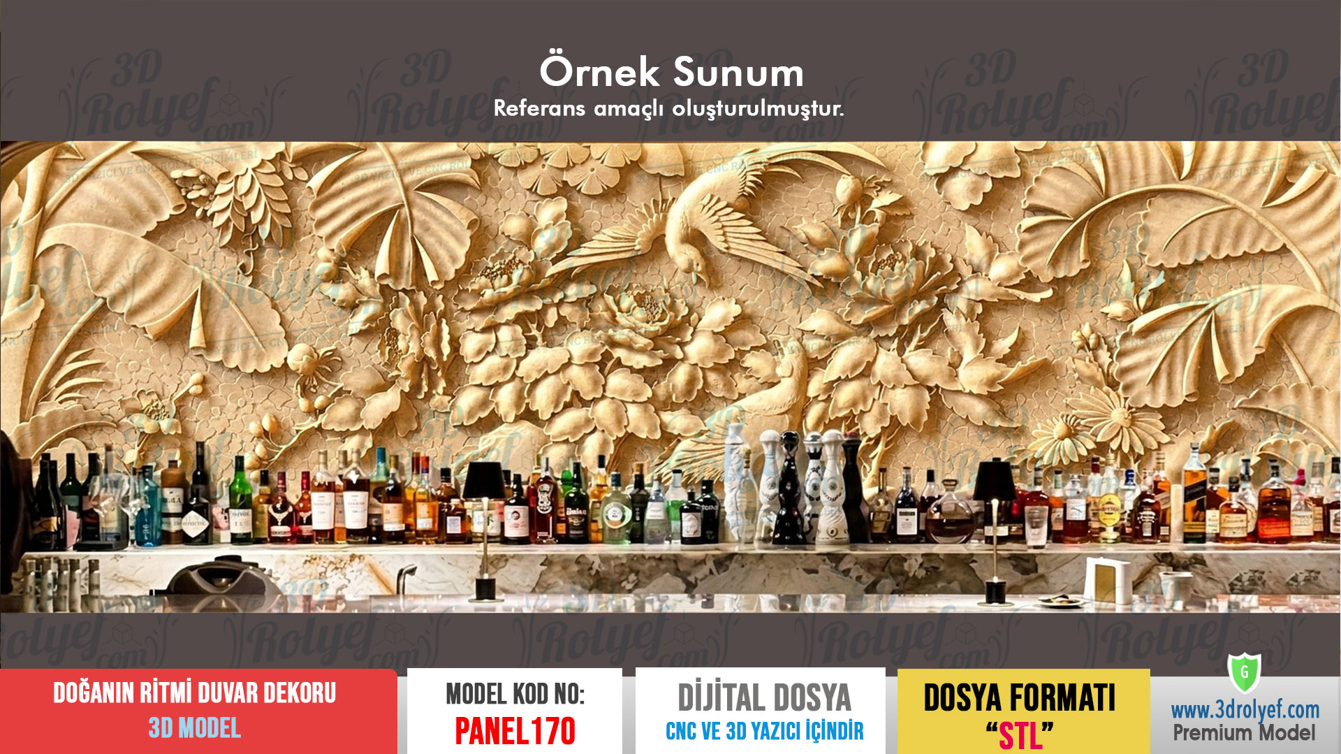 Panel170 - Doğanın Ritmi Kuş ve Çiçek Desenli 3D Duvar Paneli Rölyefi | CNC & 3D Yazıcı İçin 3D Model