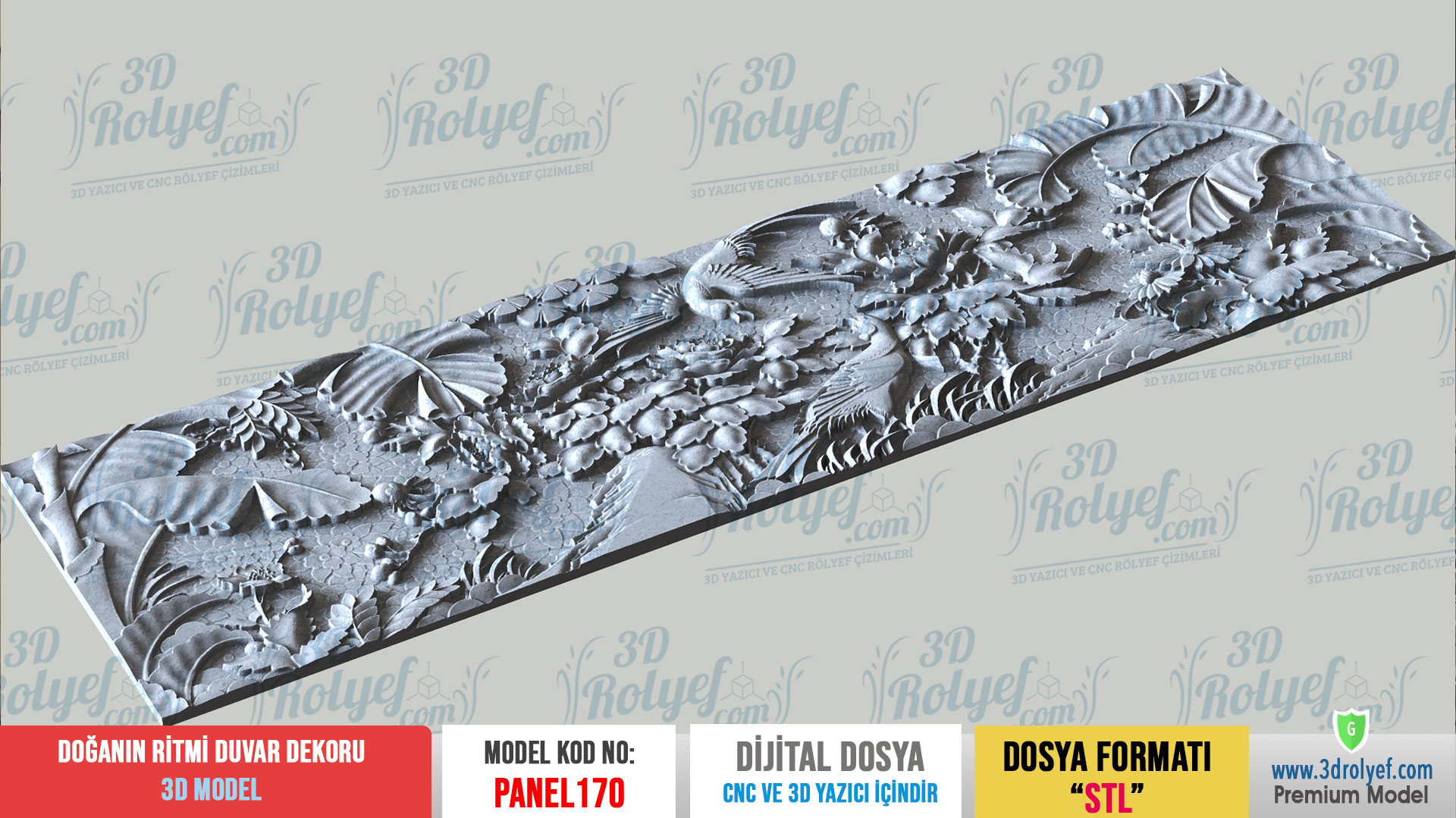 Panel170 - Doğanın Ritmi Kuş ve Çiçek Desenli 3D Duvar Paneli Rölyefi | CNC & 3D Yazıcı İçin 3D Model - Görsel 3