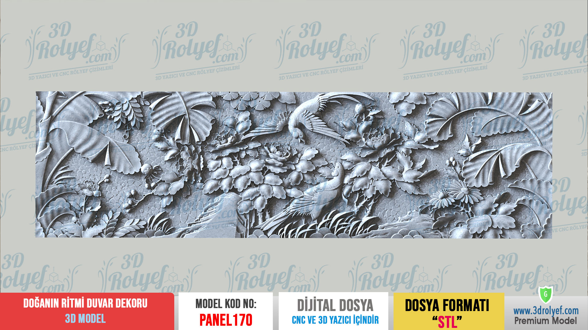 Panel170 - Doğanın Ritmi Kuş ve Çiçek Desenli 3D Duvar Paneli Rölyefi | CNC & 3D Yazıcı İçin 3D Model - Görsel 2