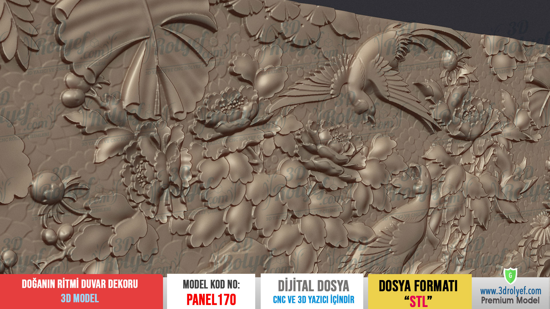 Panel170 - Doğanın Ritmi Kuş ve Çiçek Desenli 3D Duvar Paneli Rölyefi | CNC & 3D Yazıcı İçin 3D Model - Görsel 4