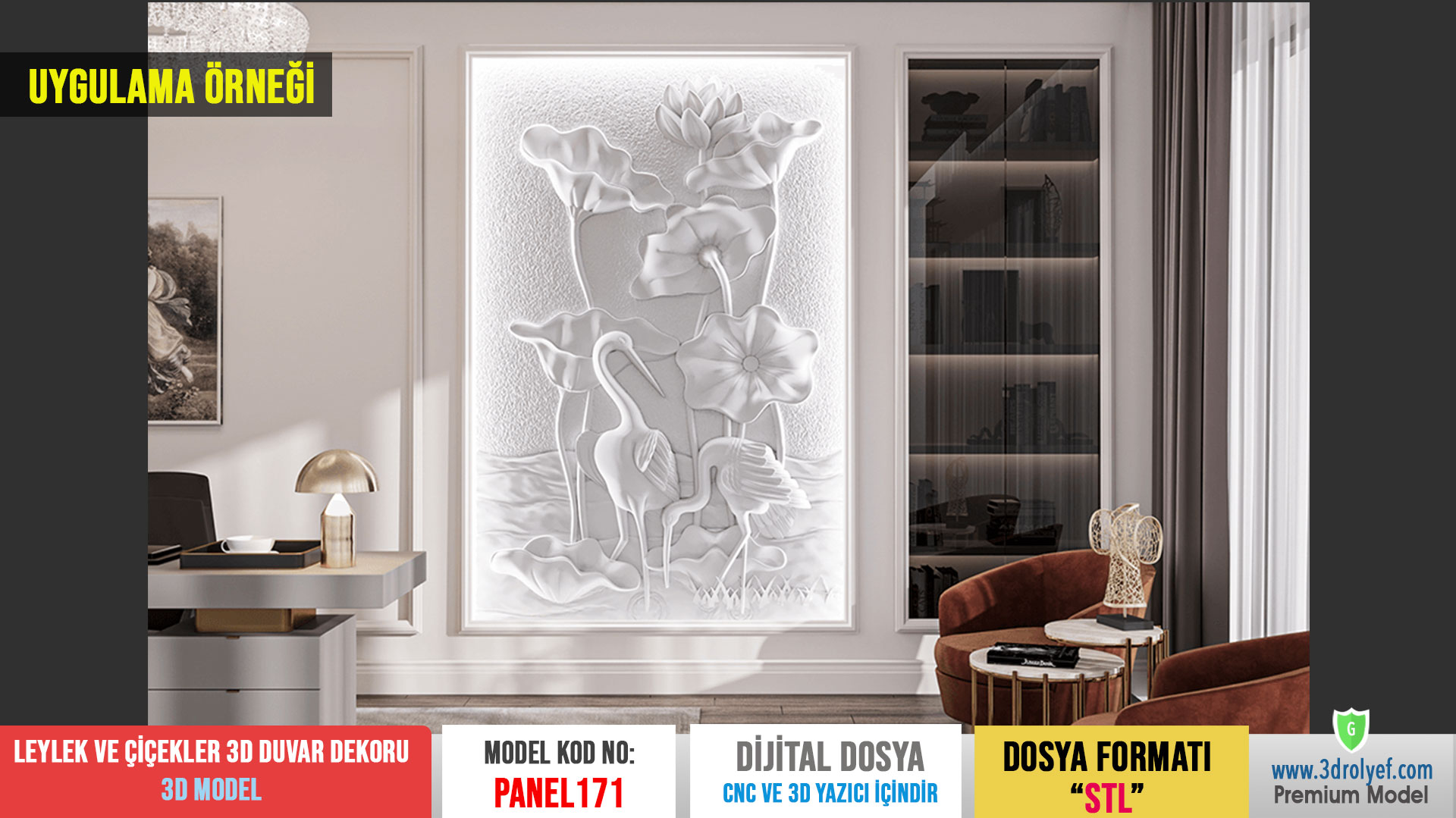 Panel171 - Leylek ve Çiçekler 3D Duvar Dekoru | CNC & 3D Yazıcı İçin 3D Model